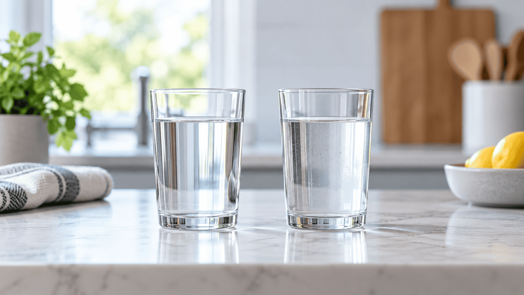 Two glasses of drinking water on a bright kitchen counter, representing a comparison between water filtration options.