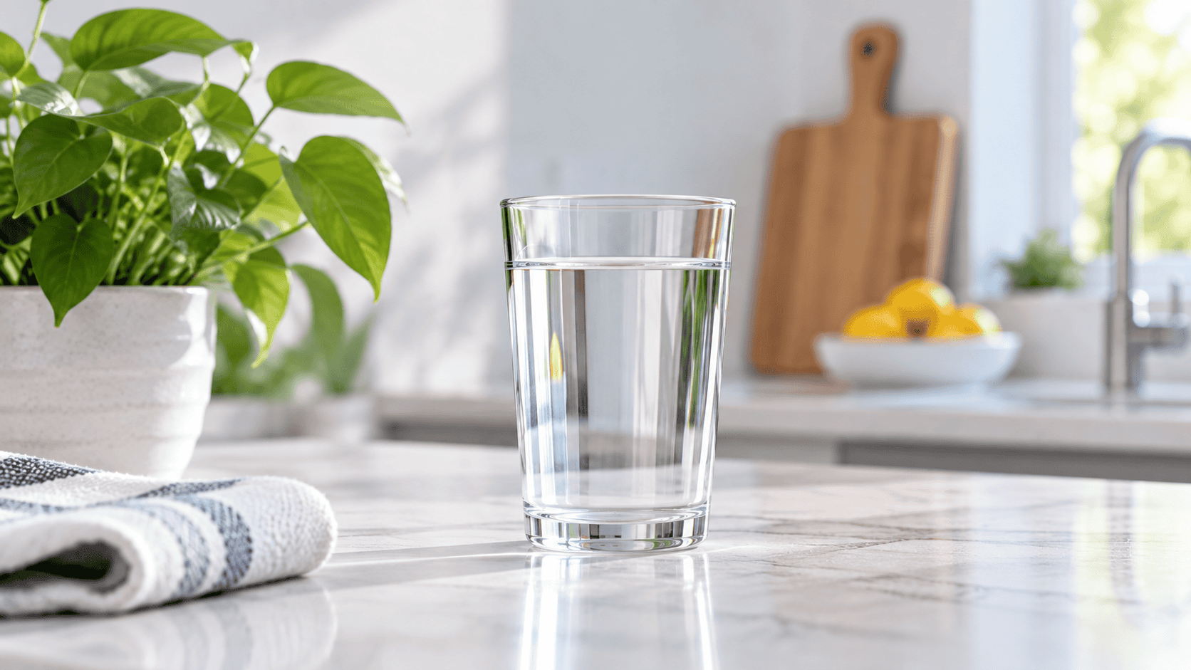Clear glass of drinking water on a bright kitchen counter, representing a comparison between AquaTru and Waterdrop filtration systems.