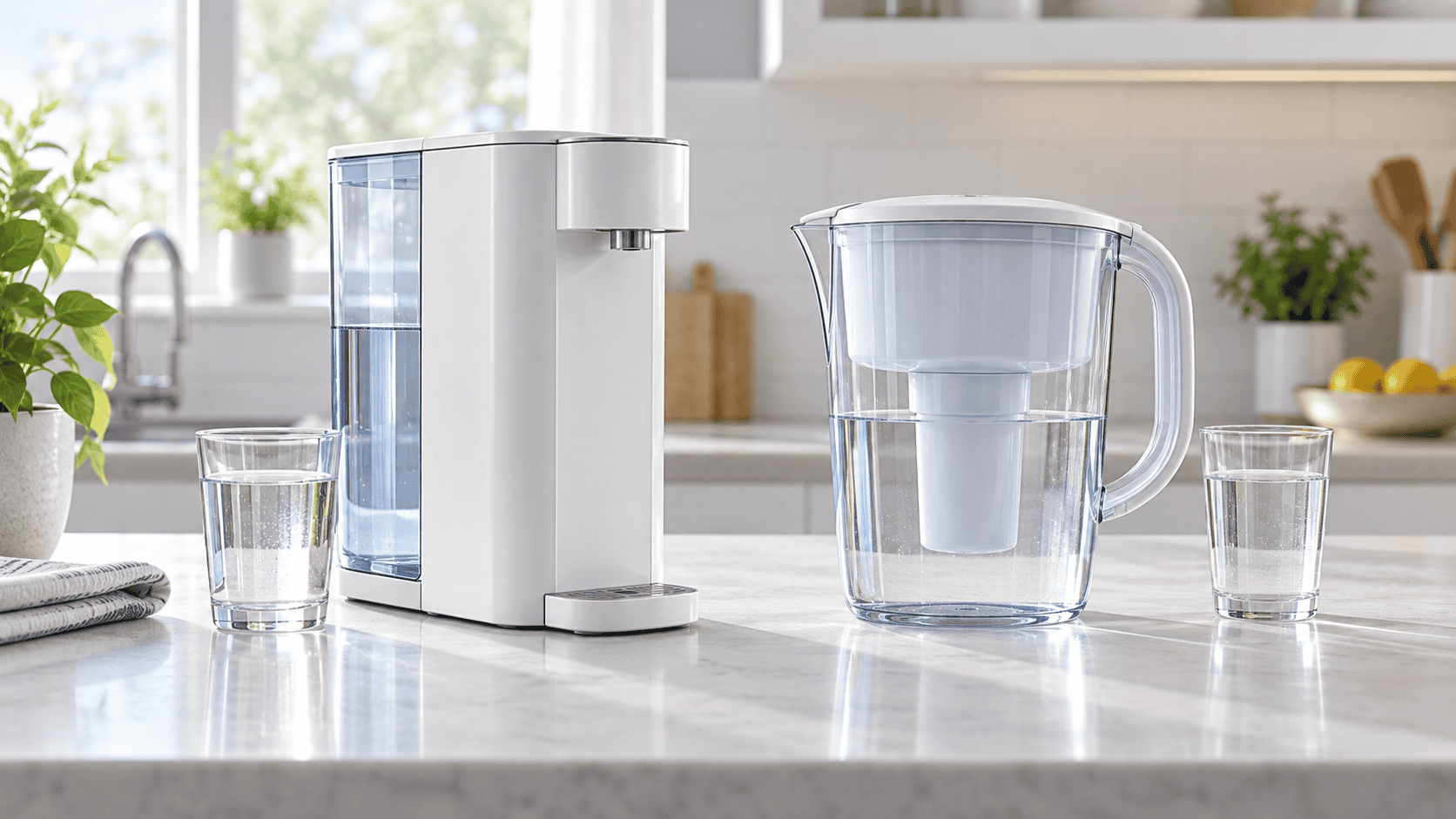 AquaTru countertop reverse osmosis system beside a ZeroWater filter pitcher in a bright kitchen.