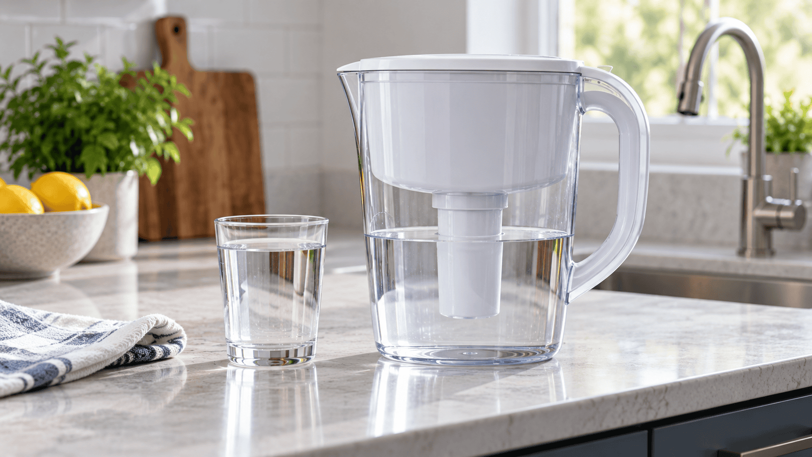 Clear water filter pitcher and glass of drinking water on a bright kitchen countertop.