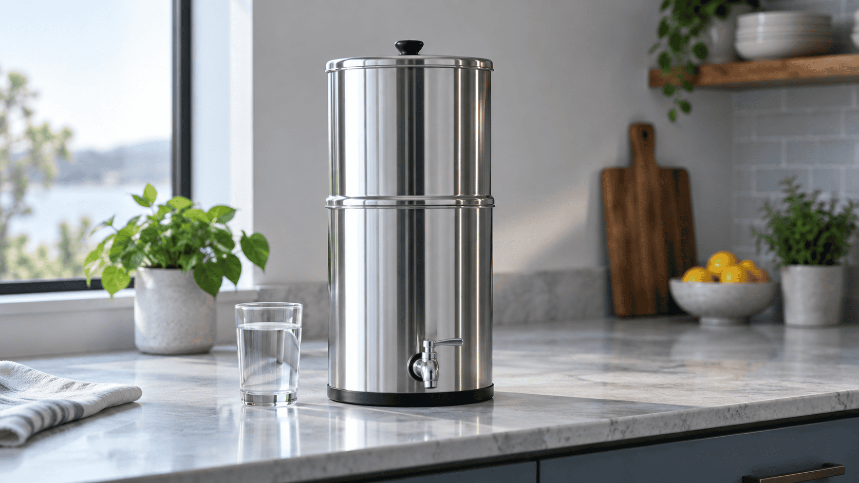 Stainless steel countertop water filter dispenser beside a glass of drinking water in a modern kitchen.