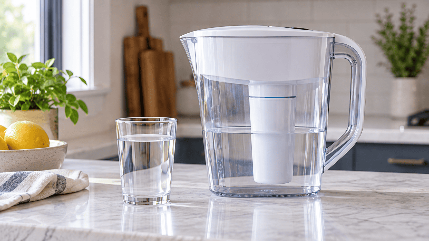 Clear water filter pitcher with a glass of filtered water on a bright kitchen countertop.
