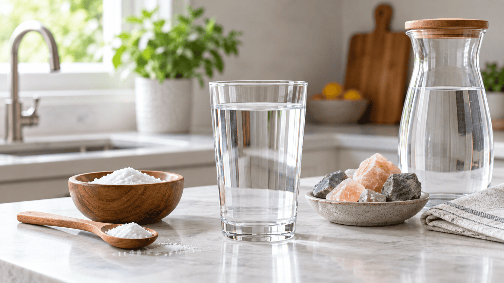 Glass of water with mineral salts and mineral stones on a bright kitchen countertop.