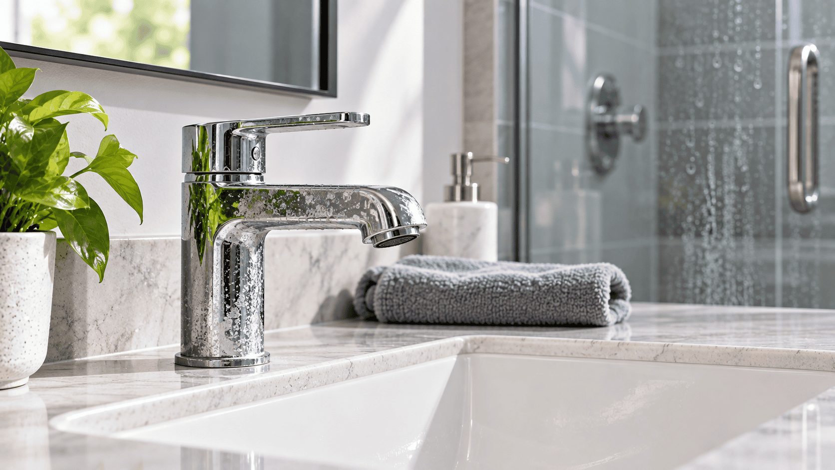 Chrome bathroom faucet with visible hard water spots and mineral buildup beside a sink.