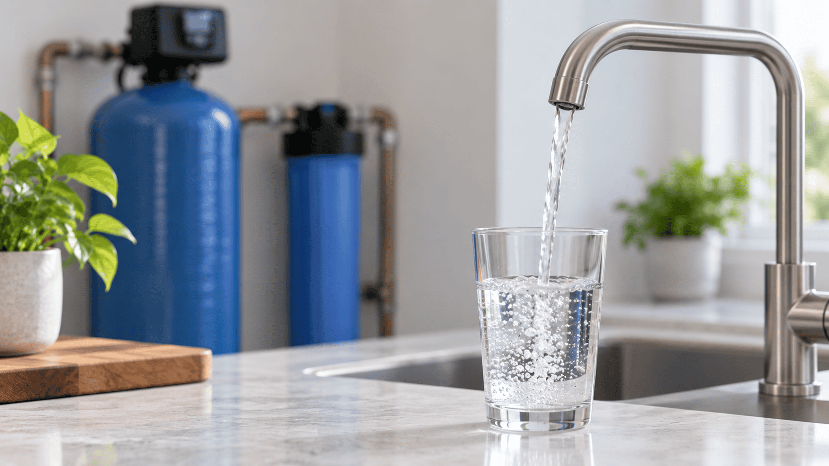 Glass of clear drinking water being filled from a kitchen faucet with water treatment equipment in the background.