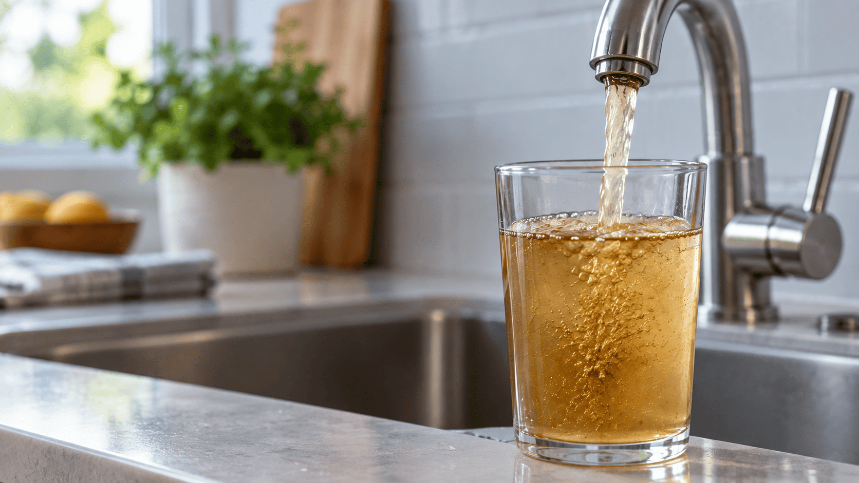 Glass of brownish tap water being filled from a kitchen faucet, illustrating manganese contamination in drinking water.