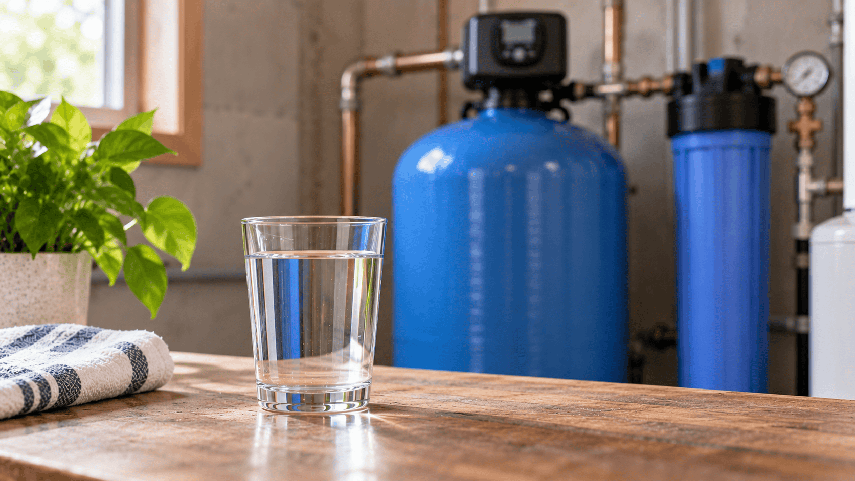Glass of clear water in front of well water treatment equipment in a home utility room.