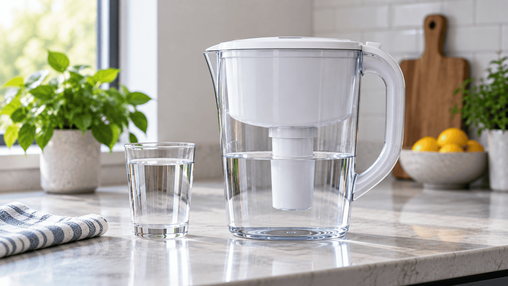 Clear water filter pitcher and glass of drinking water on a bright kitchen countertop.