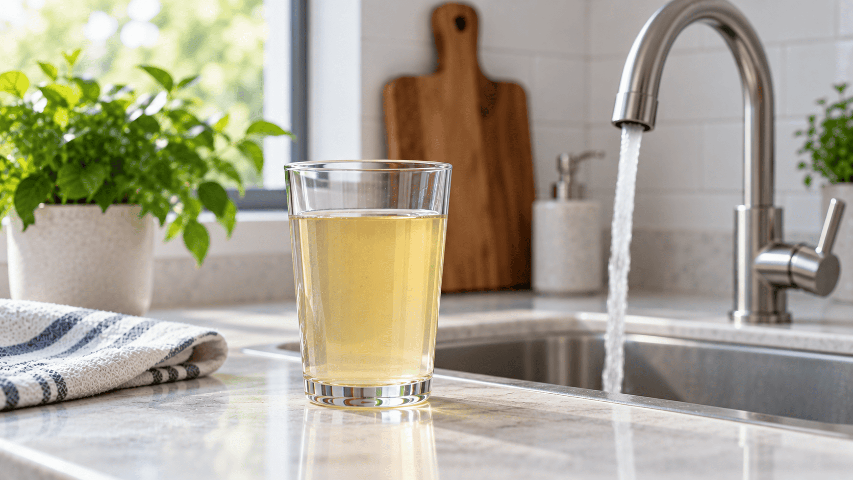 Glass of yellow-tinted tap water beside a kitchen sink and running faucet.