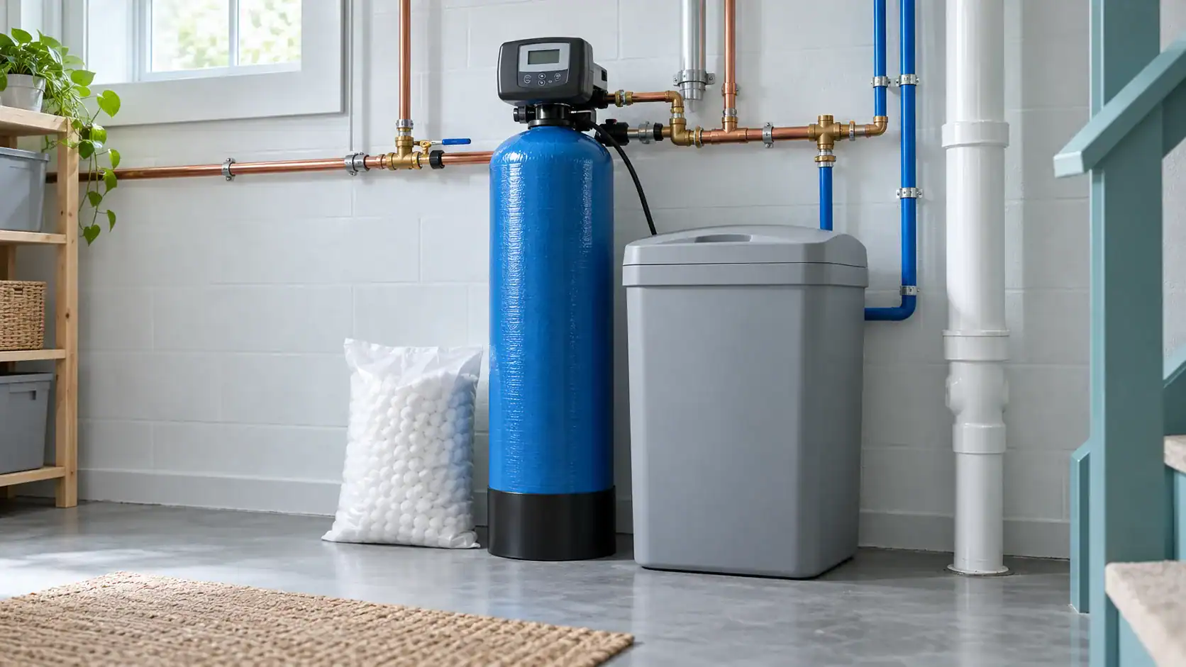 Salt-based whole-house water softener with a blue resin tank and grey brine tank on the main water line, with a bag of softener salt beside it