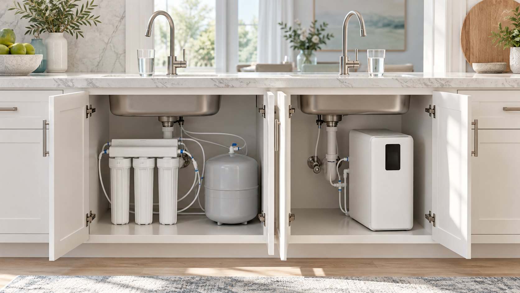 Tank reverse osmosis system with three filters and a storage tank next to a compact tankless RO unit under kitchen sinks