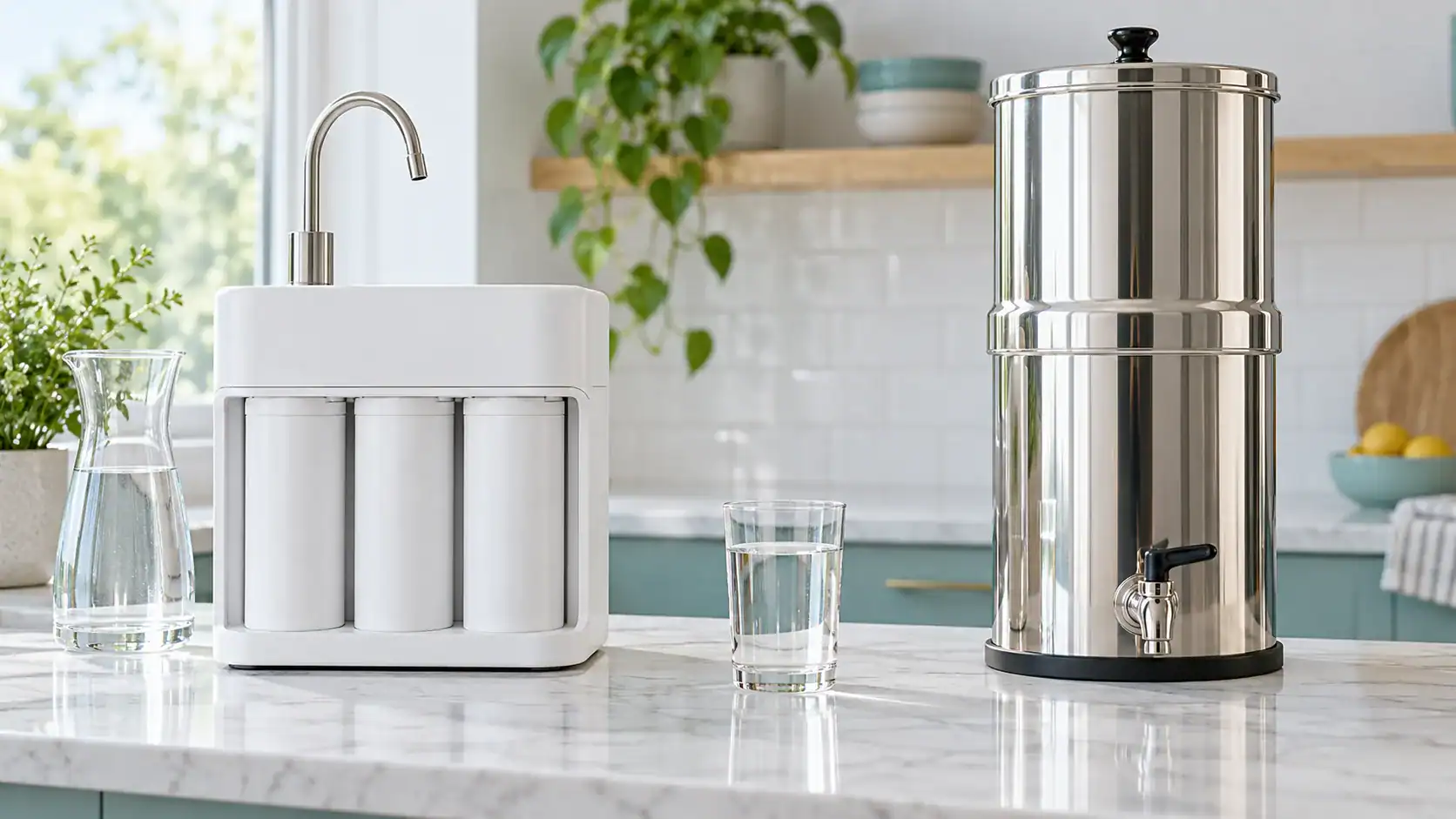 A white countertop reverse osmosis water filter and a tall stainless steel gravity water filter on a kitchen counter, with a glass of water between them