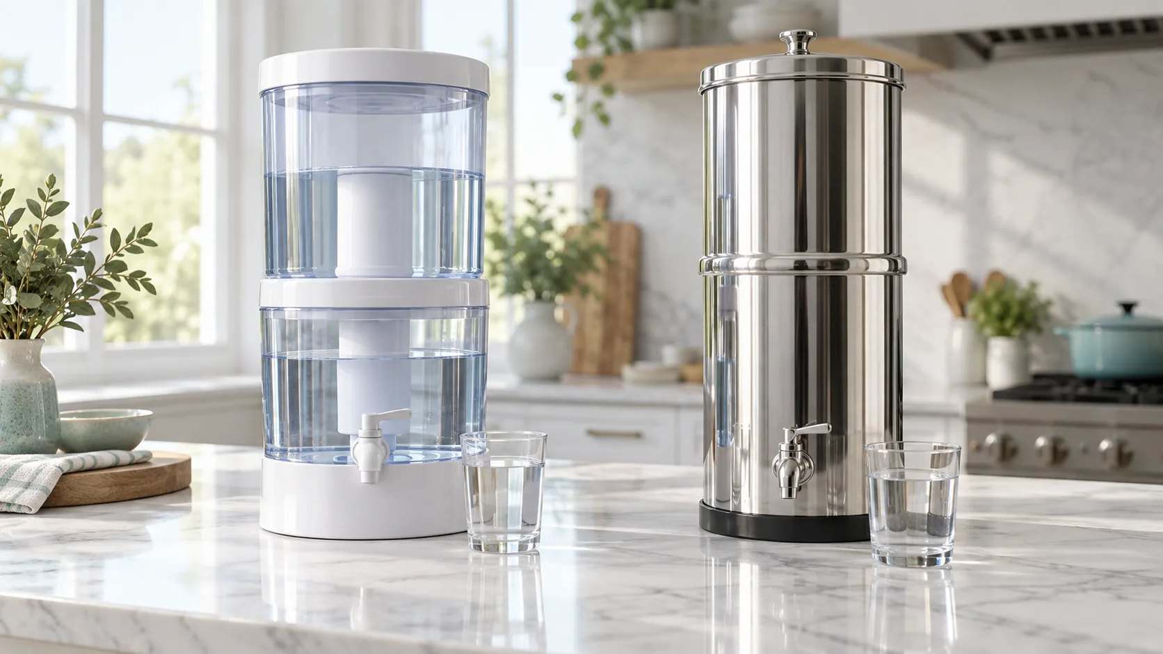 A white plastic gravity water filter dispenser next to a stainless steel gravity filter on a marble kitchen counter