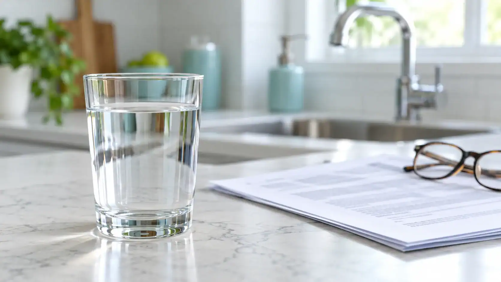 A glass of tap water on a kitchen counter beside a printed regulation document and reading glasses, with a chrome faucet behind