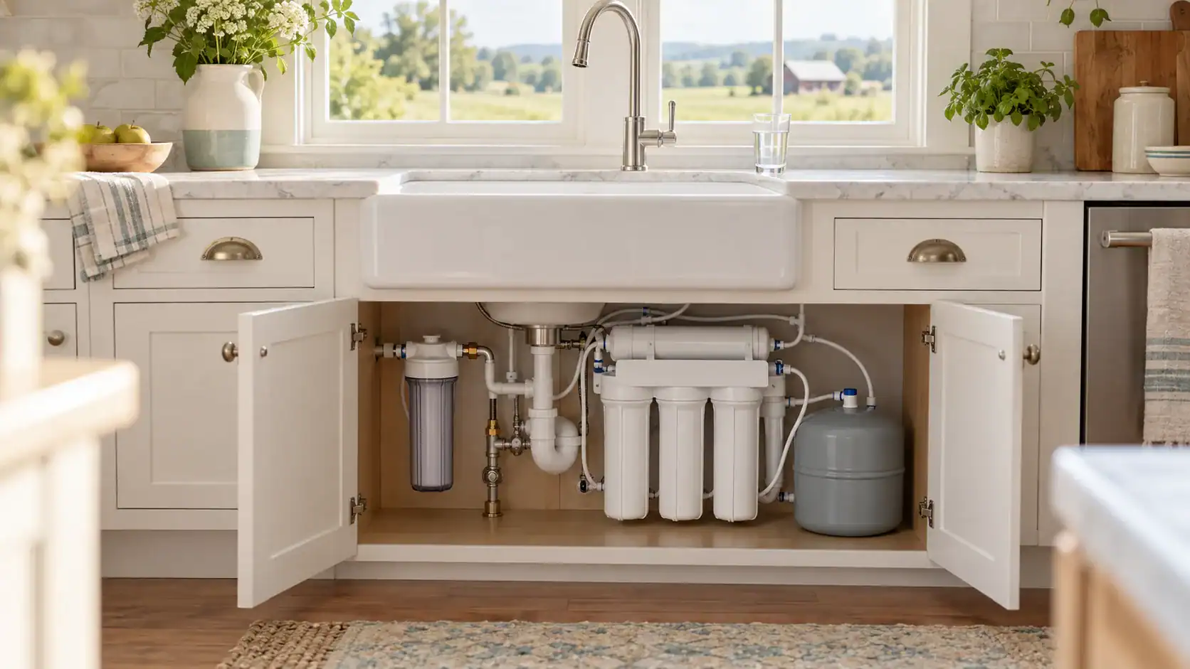 An under-sink reverse osmosis system with a sediment pre-filter, three filter canisters and a grey storage tank below a farmhouse sink, with fields outside the window