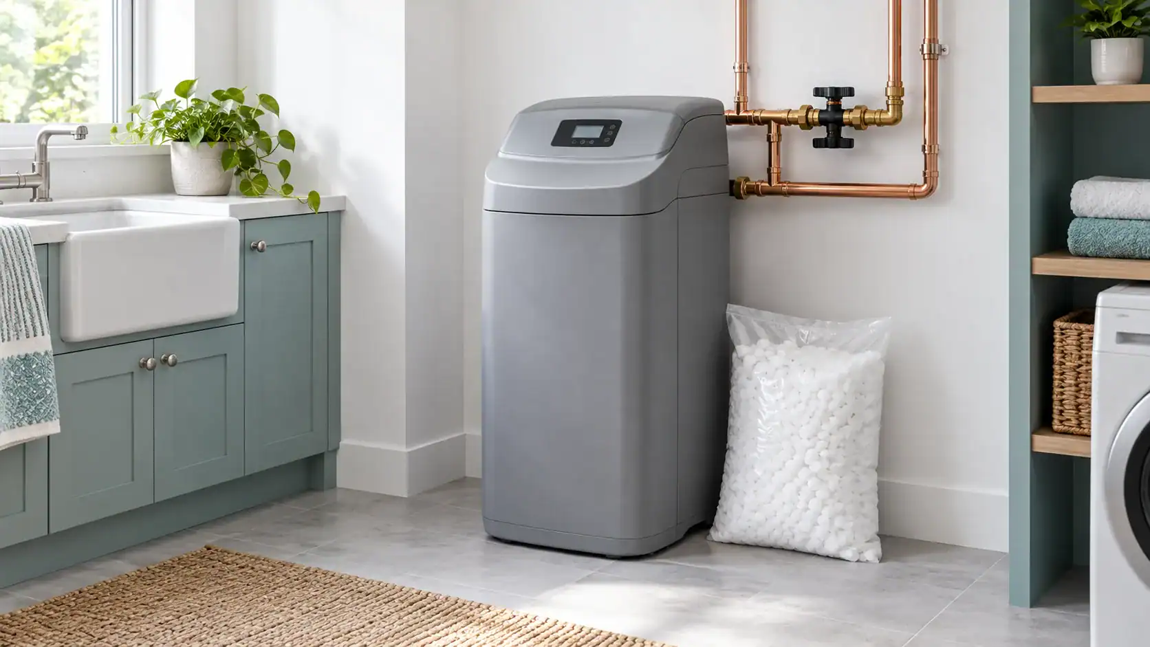 Compact one-piece water softener cabinet with a digital display, connected to copper pipes with a bypass valve in a laundry room, with a bag of softener salt beside it