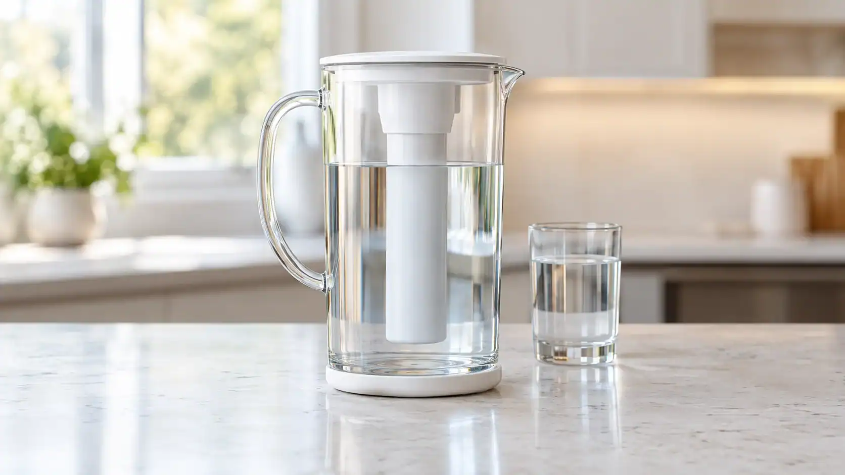 Glass water filter pitcher with a white filter housing on a silicone base, beside a glass of water on a kitchen counter.