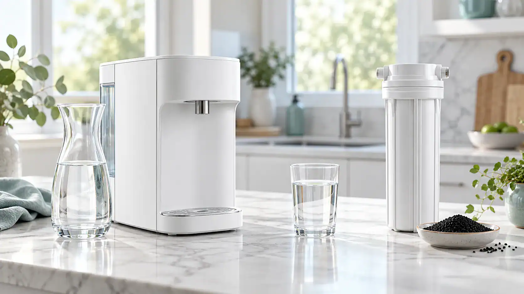 A white countertop reverse osmosis unit with a glass carafe next to a white carbon filter housing and a dish of activated carbon granules on a marble kitchen counter