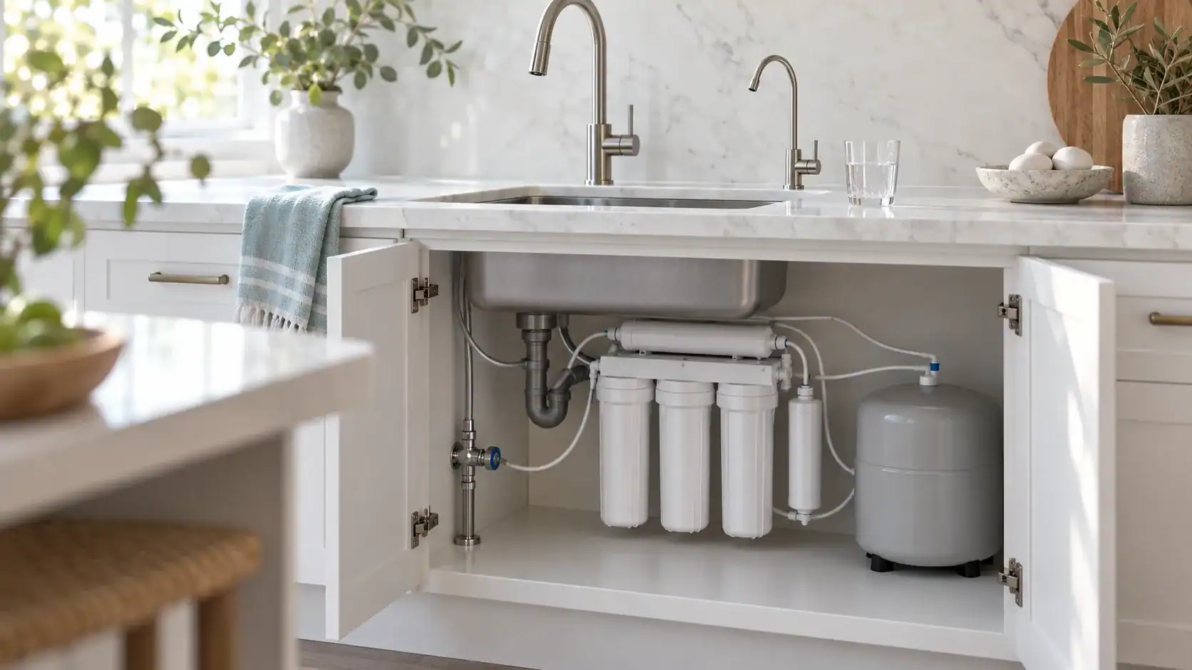 An under-sink reverse osmosis system with three filter canisters, a slim mineral cartridge and a grey storage tank, below a sink with a separate drinking-water faucet