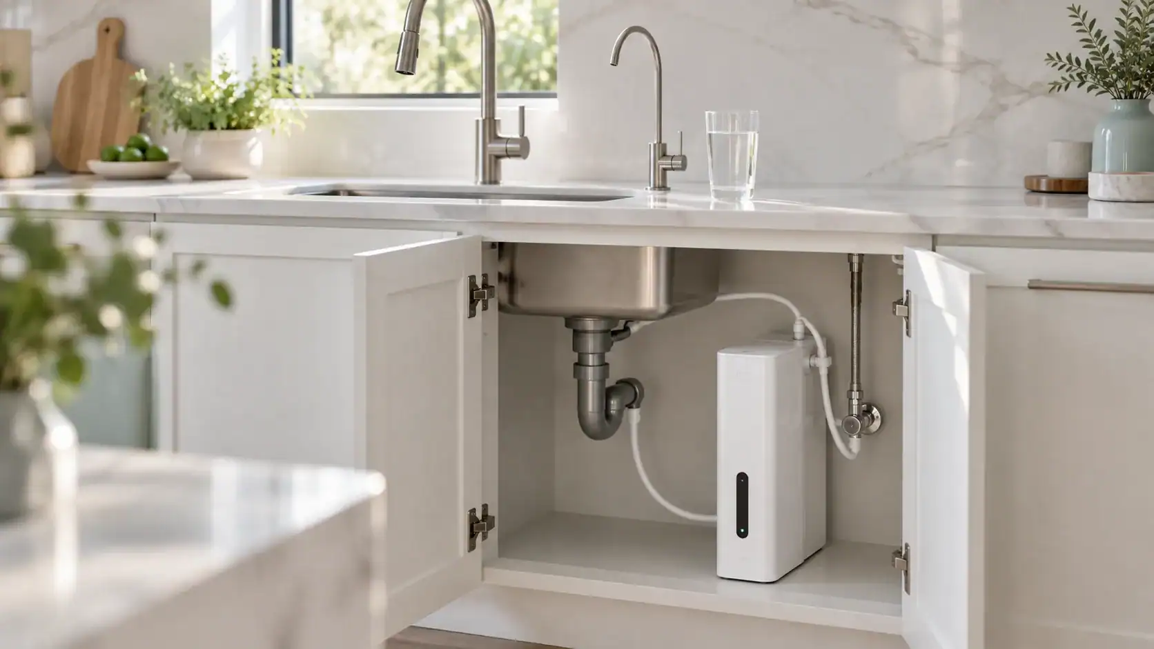 A slim white tankless reverse osmosis unit under a kitchen sink, connected to a separate drinking-water faucet with a glass of water on the counter