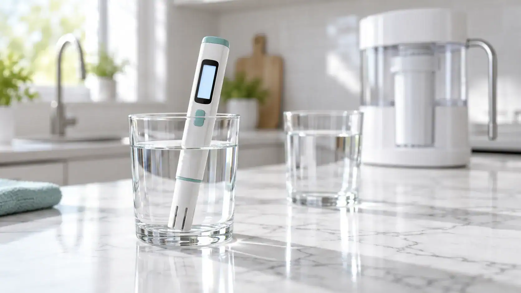 A digital TDS meter standing in a glass of water on a marble kitchen counter, with a second glass and a countertop water filter behind it